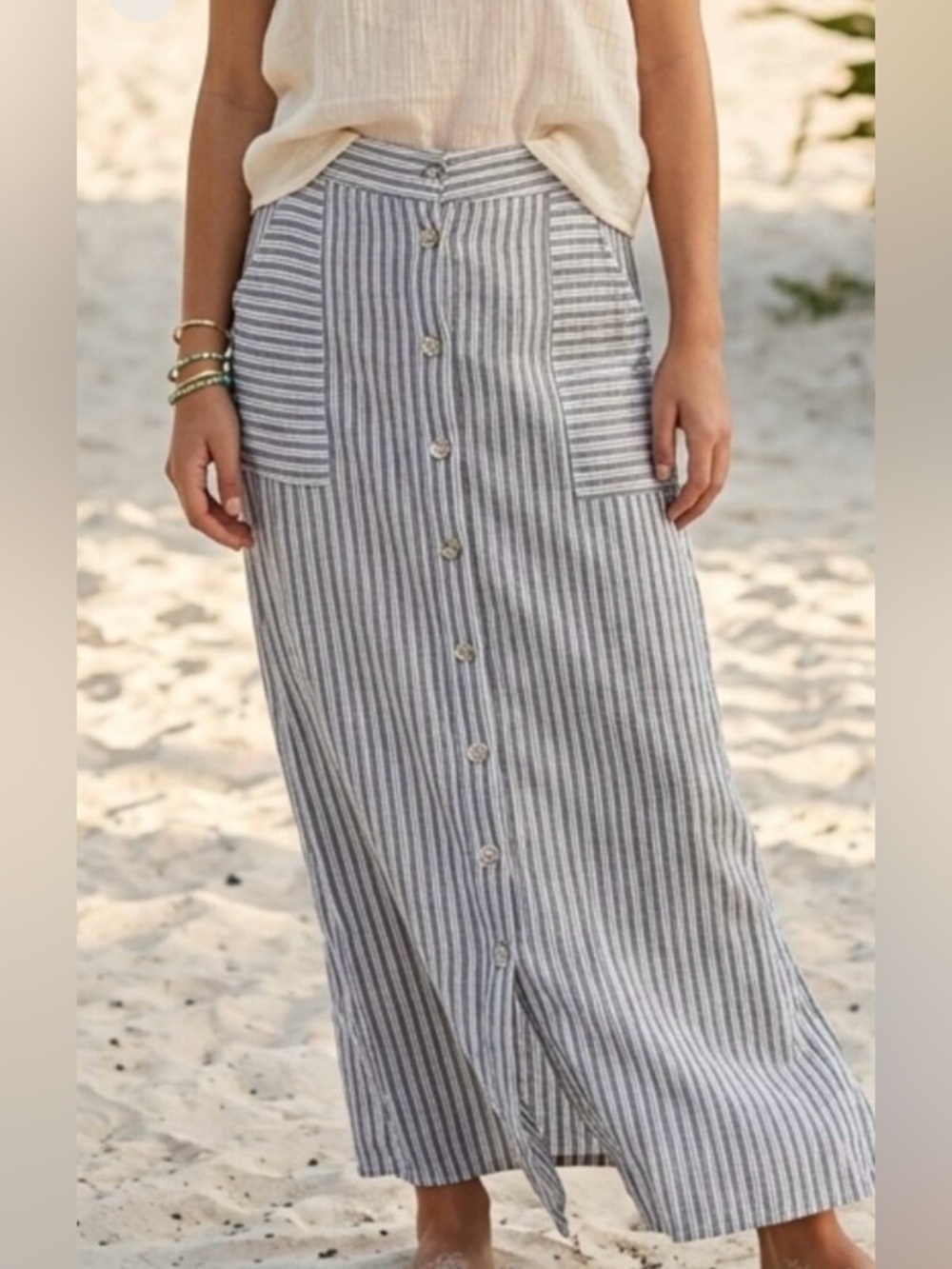St. Tropez Linen Striped Button-Front Maxi Skirt
